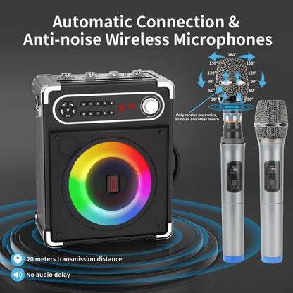 Karaoke-Maschine mit 2 kabellosen Mikrofonen, Schwarz