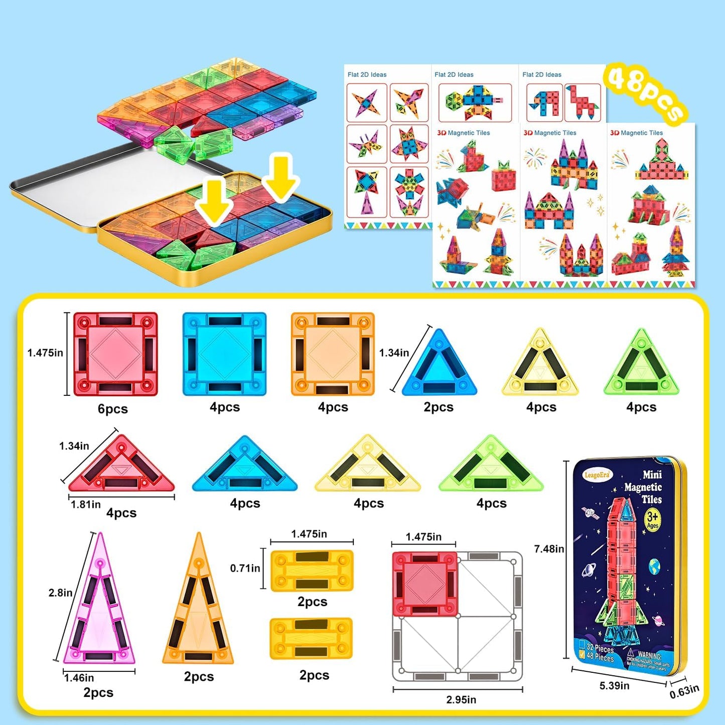 Magnetische Bausteine Reiseset, 48 Teile, ‎multi-color 48PCS