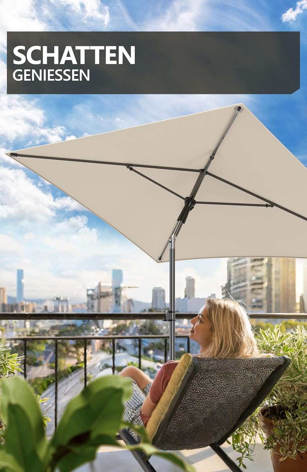 Sonnenschirm Balkonset SunnyShade Plus, Halter Set – 1 x Halter Sunnyeasy + Schirm + Hülle Beige