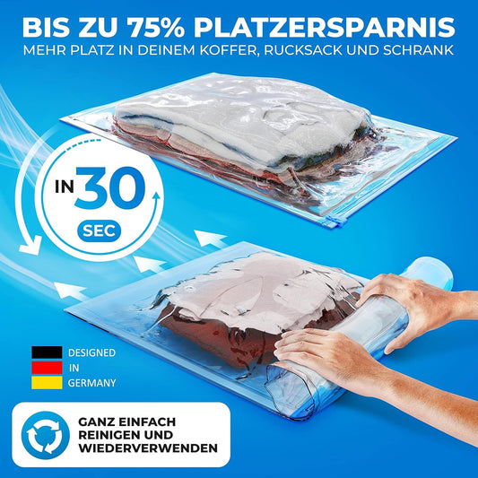 Vakuumbeutel-Set für Reisen (12 Stück) in 3 Grössen, 4x Medium + 4x Large + 4x XL (zum Rollen)