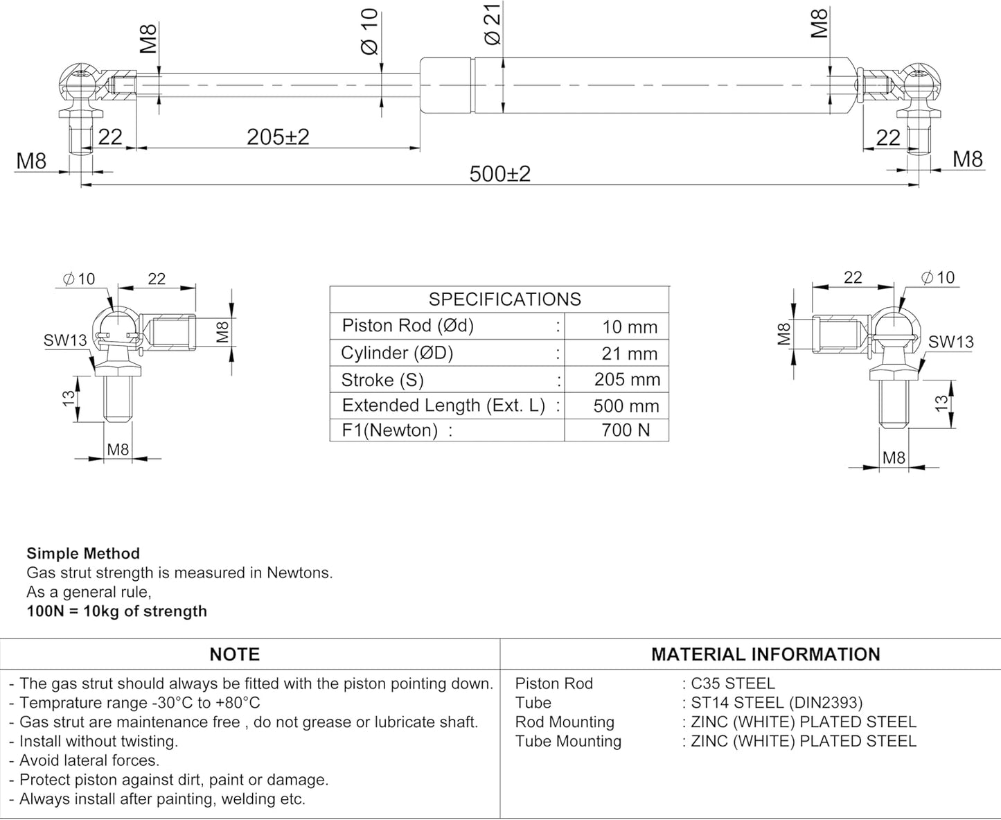 Gasdruckfeder für Türen & Kofferraum (700N, 500mm), 700 Newton 500 mm