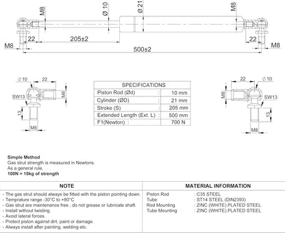 Gasdruckfeder für Türen & Kofferraum (700N, 500mm), 700 Newton 500 mm