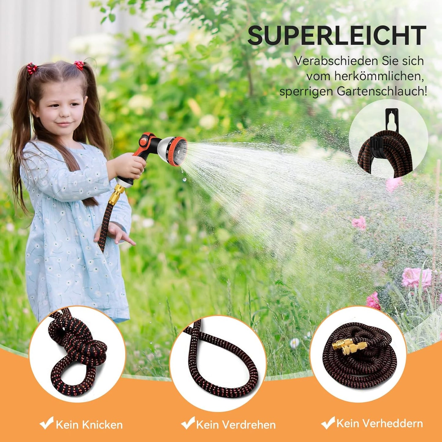 Flexibler Gartenschlauch, knickfrei & strapazierfähig, 30M/100FT Schwarz-orange
