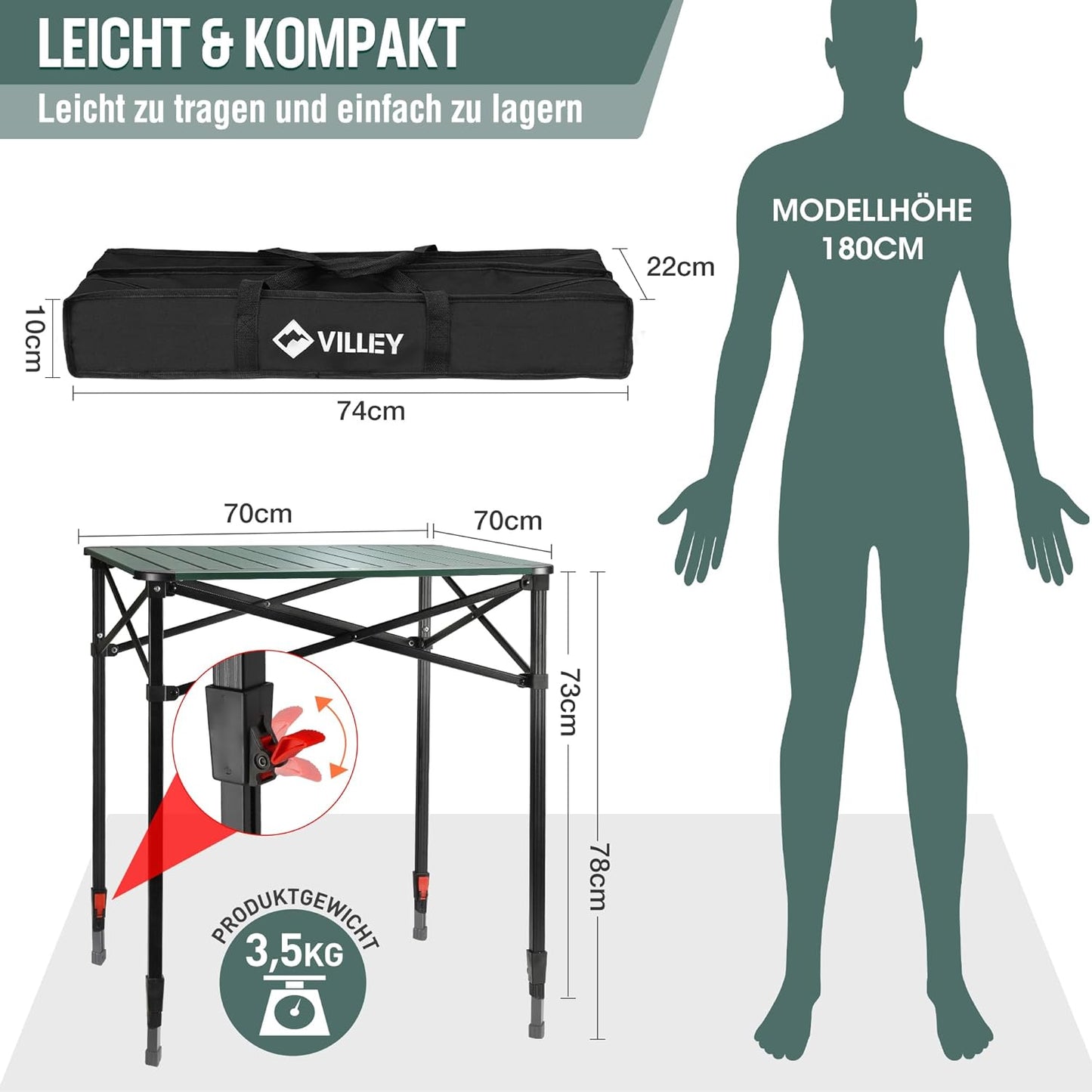Klapptisch aus Aluminium mit Tragetasche, Large