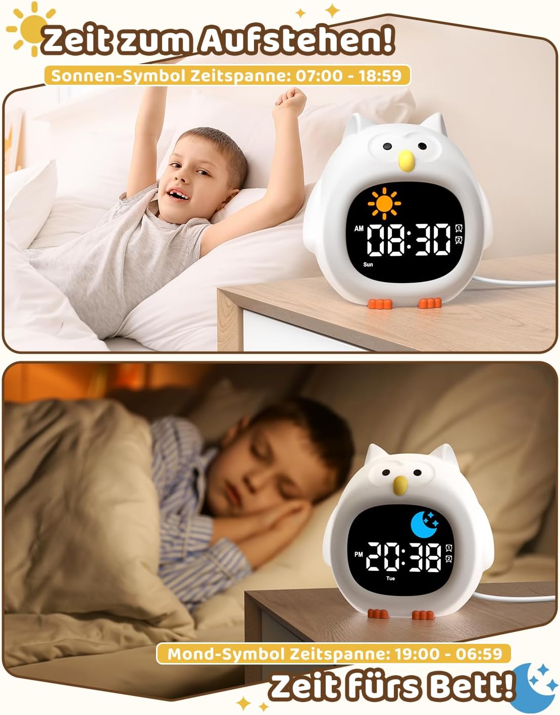 Kinderwecker mit RGB Nachtlicht, Eule