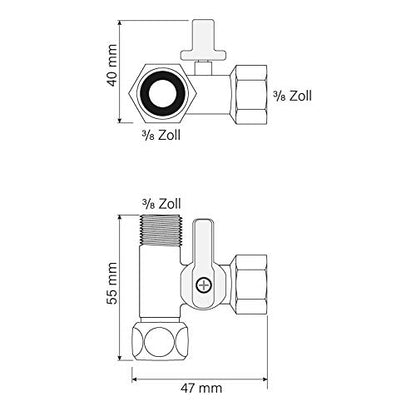 Absperrventil T-Stück Adapter für Wasserfilter, 3/8 AG x 3/8 AG x 3/8 ÜM