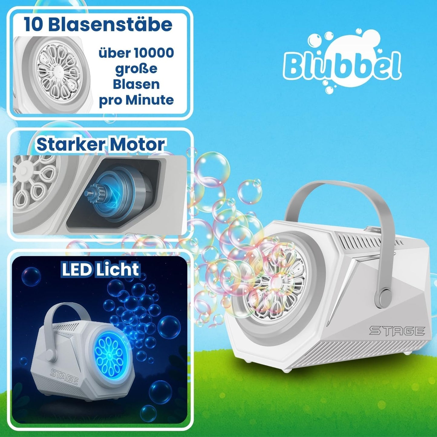 LED Seifenblasenmaschine mit 1L Flüssigkeit, Weiss