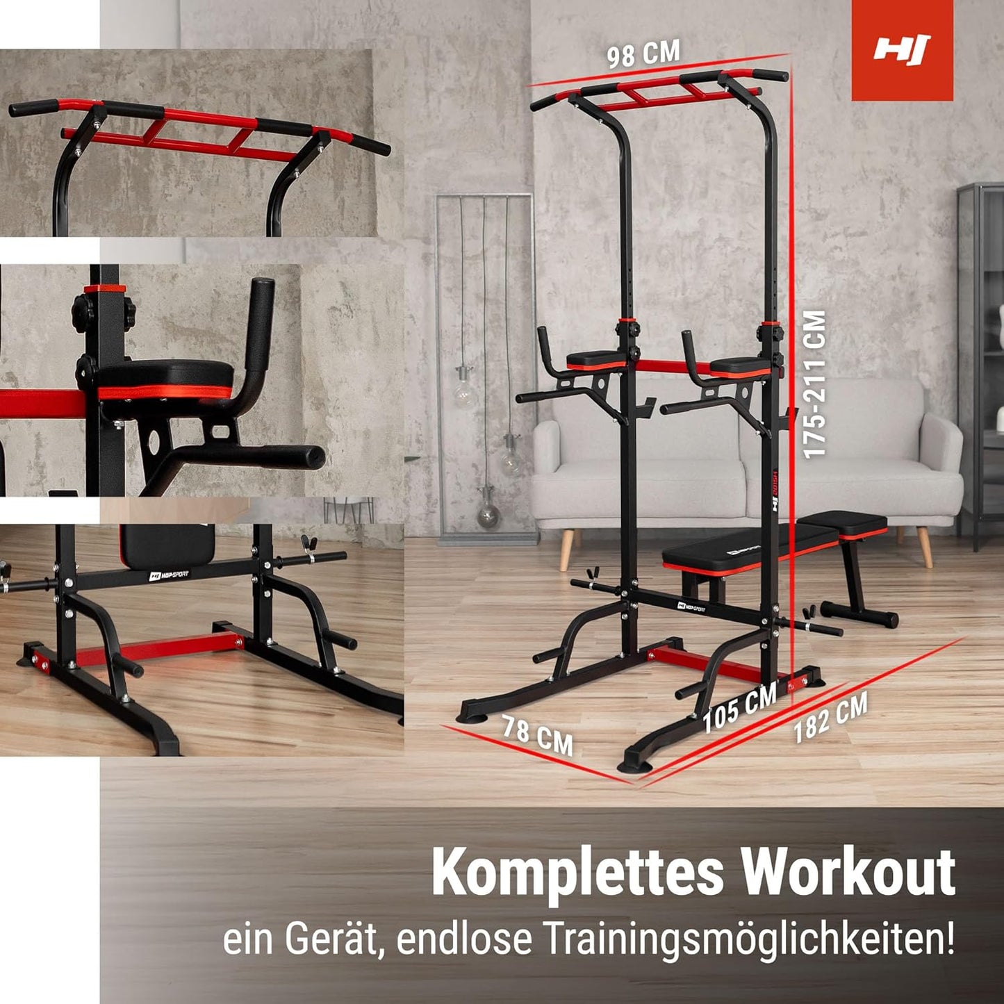 Power Tower mit Hantelbank & Dip-Station
