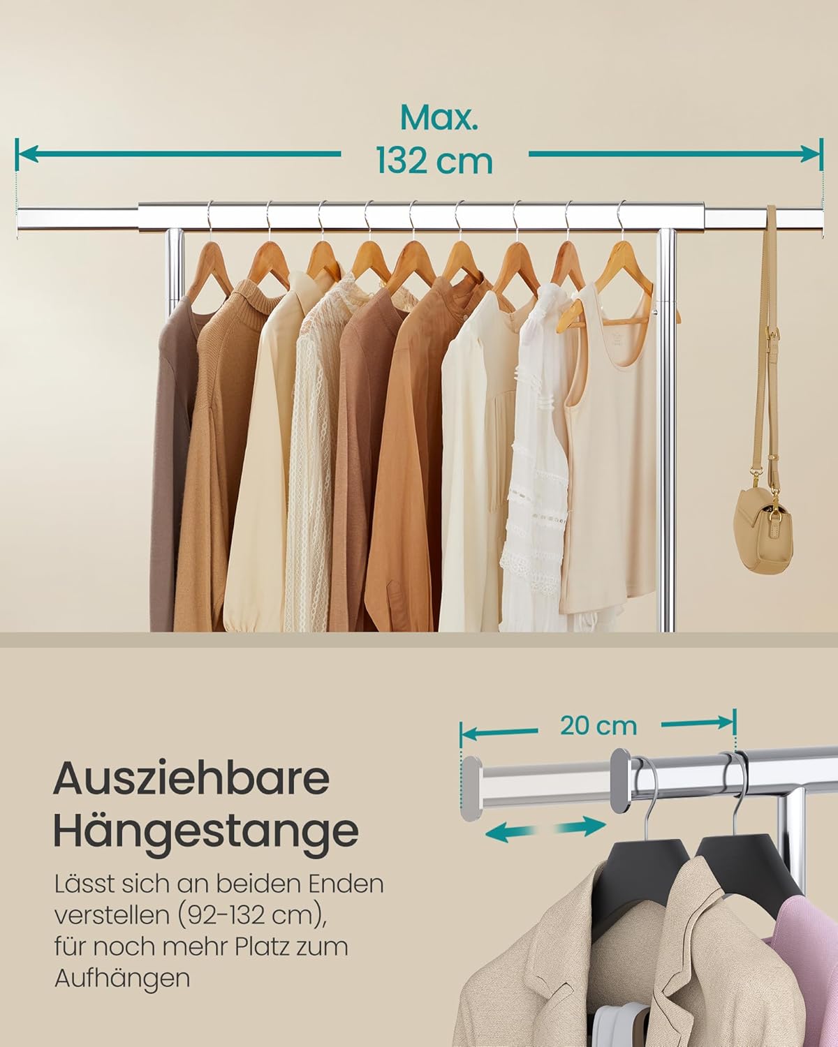 Kleiderständer Hangy auf Rollen, Silbern (92-132)B cm