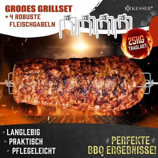 Edelstahl Grillspiess Set für Gasgrill mit Drehmotor, Silber