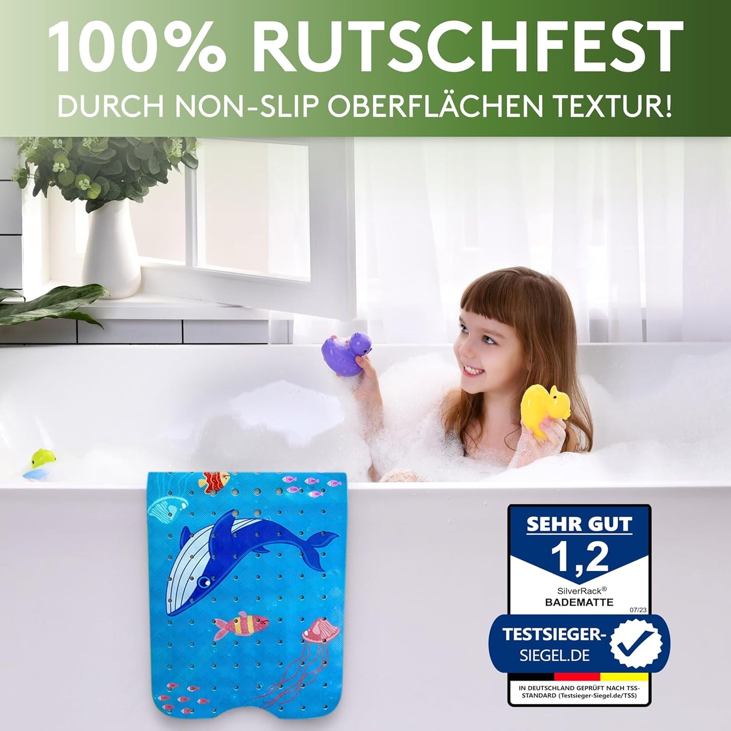 Antirutsch-Badewannenmatte für Kinder, Z 2 Kinder Wal Welle 100 x 40 cm (Rechteckig)