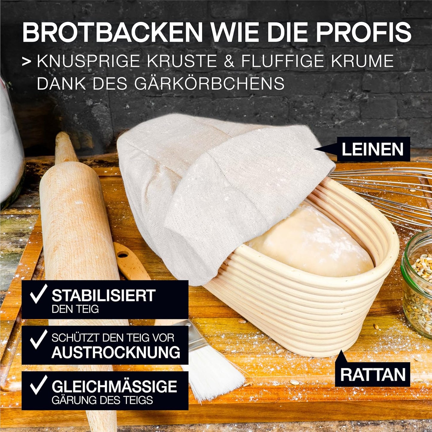 Gusseisen-Brotbackform mit Gärkorb & Teigmesser, Kastenform + Gärkorb