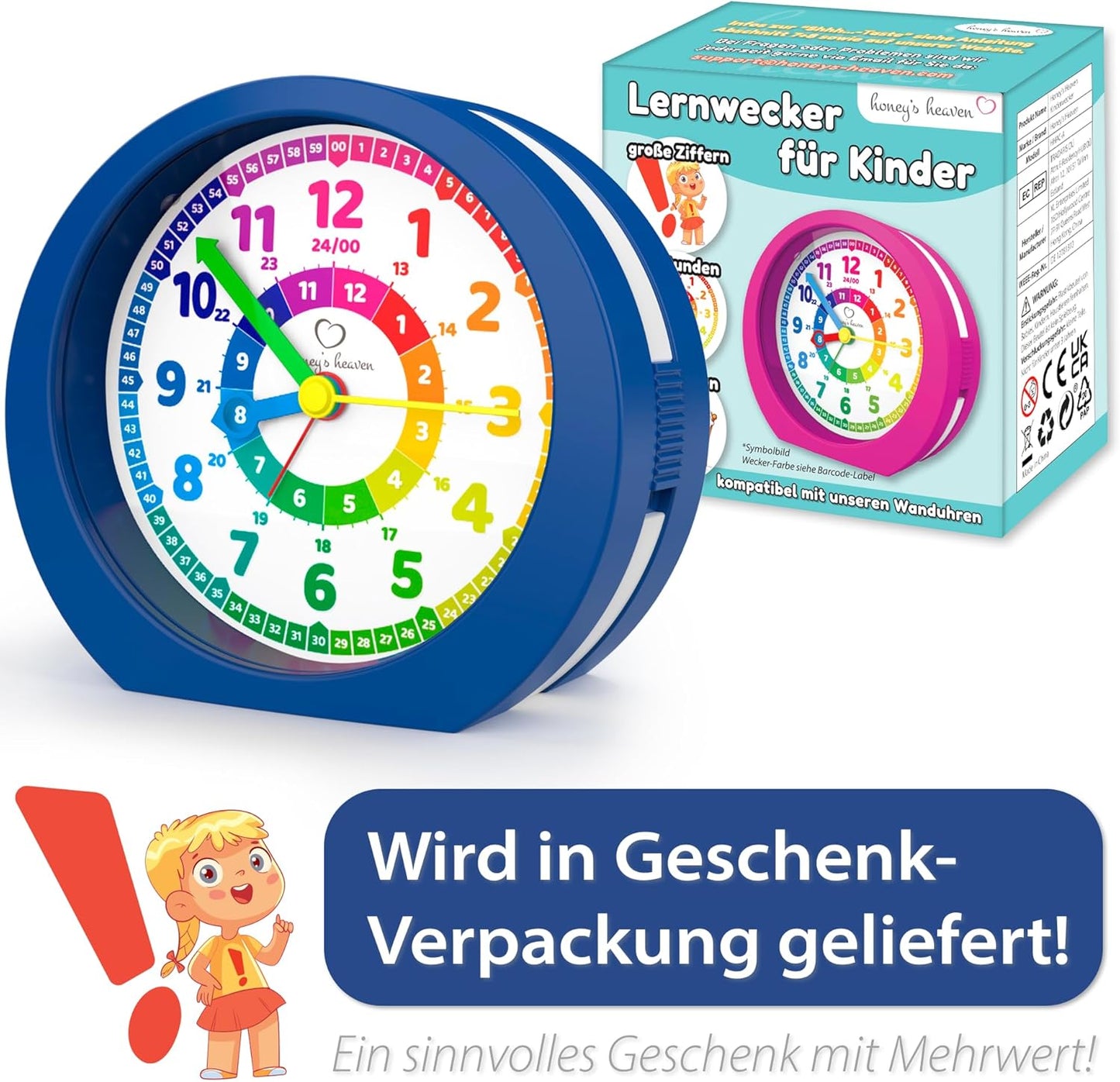 Kinderwecker ohne Ticken, Lernuhr mit Snooze-Funktion, Dunkelblau Kinderwecker