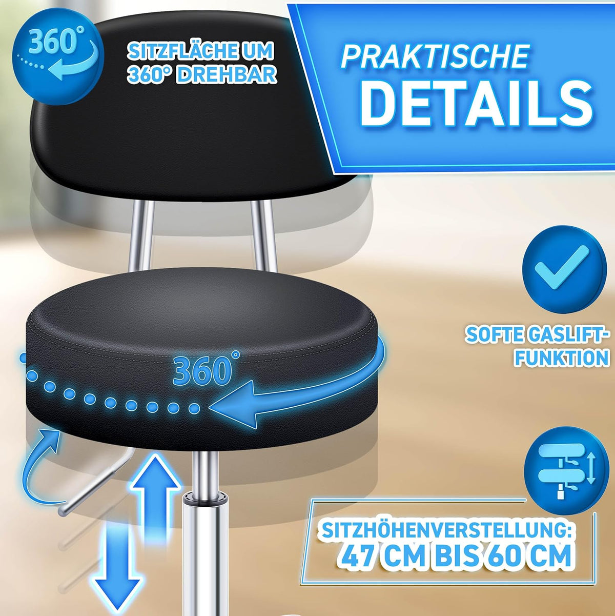 Höhenverstellbarer Rollhocker mit Lehne, Schwarz