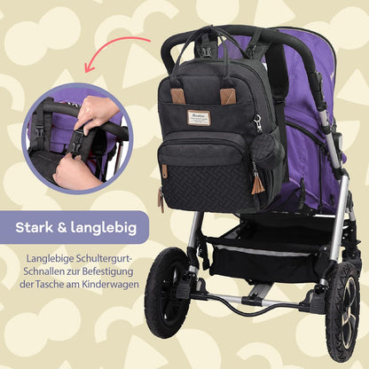 Baby Wickelrucksack mit Wickelauflage und Kinderwagengurten, Schwarz