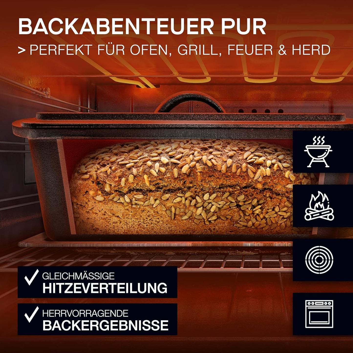 Gusseisen-Brotbackform mit Gärkorb & Teigmesser, Kastenform + Gärkorb