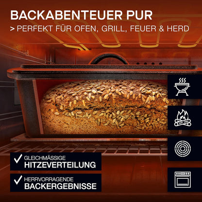 Gusseisen-Brotbackform mit Gärkorb & Teigmesser, Kastenform + Gärkorb