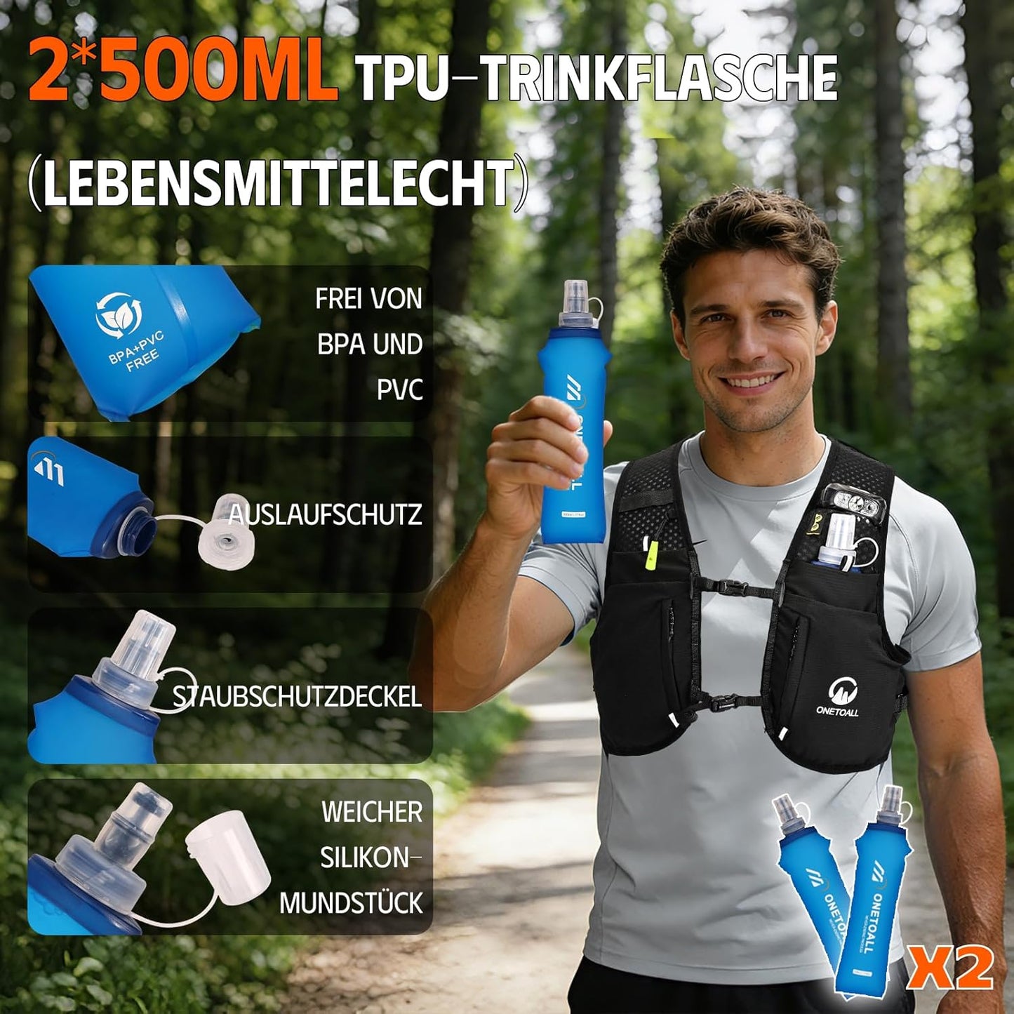 Trinkrucksack mit 2 faltbaren Trinkflaschen, schwarz +2 Trinkflaschen