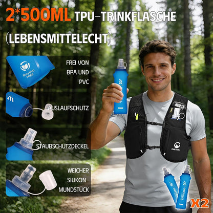 Trinkrucksack mit 2 faltbaren Trinkflaschen, schwarz +2 Trinkflaschen