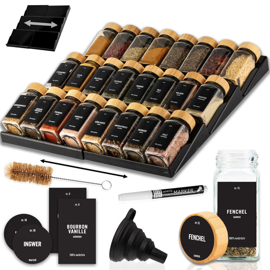 Gewürzgläser-Set mit Schubladeneinsatz, 24 Stk, ausziehbar, Schwarz, Deckel Bambus