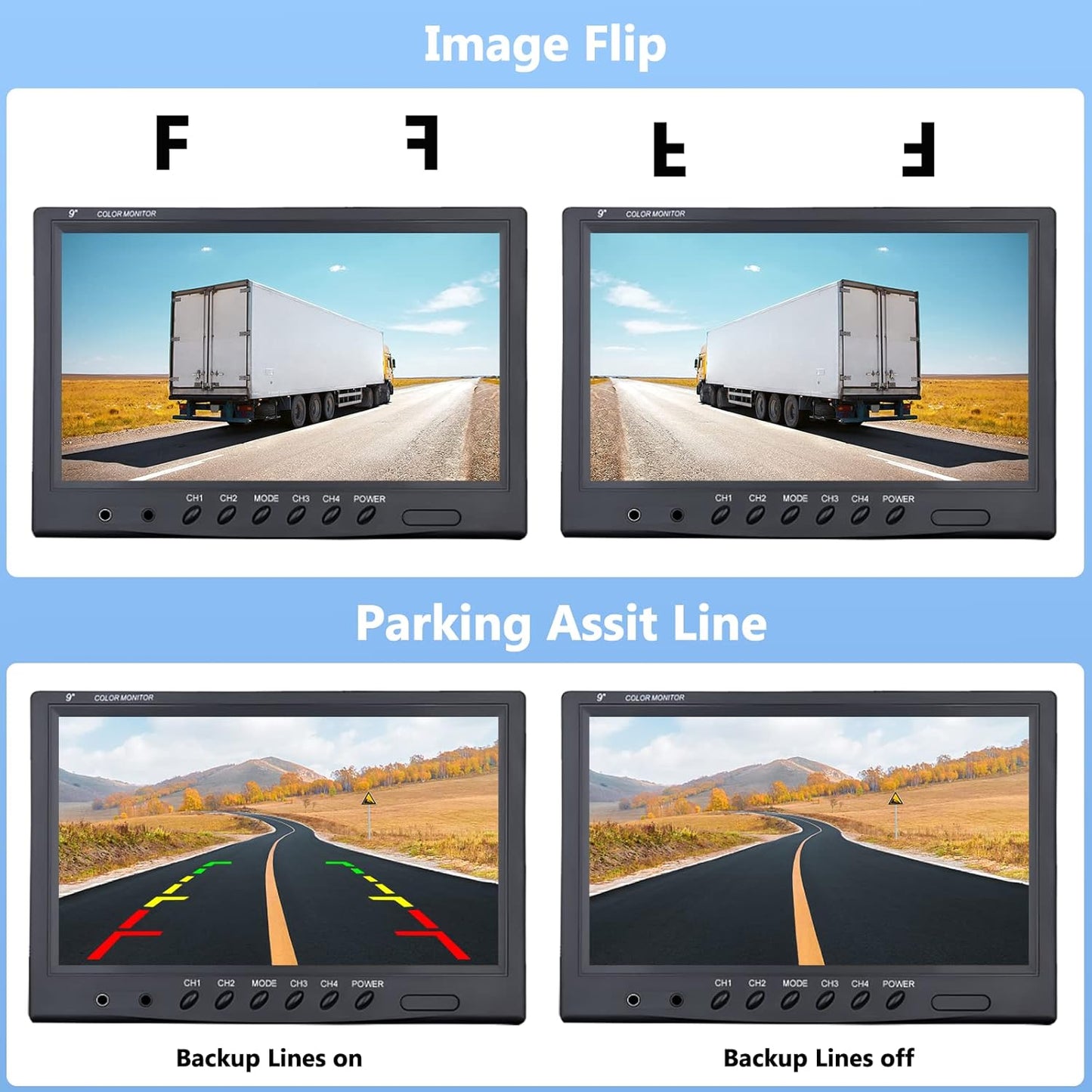 Rückfahrkamera-Set mit 9 Zoll Monitor (4 Kameras), 9 Zoll + 4 Kameras