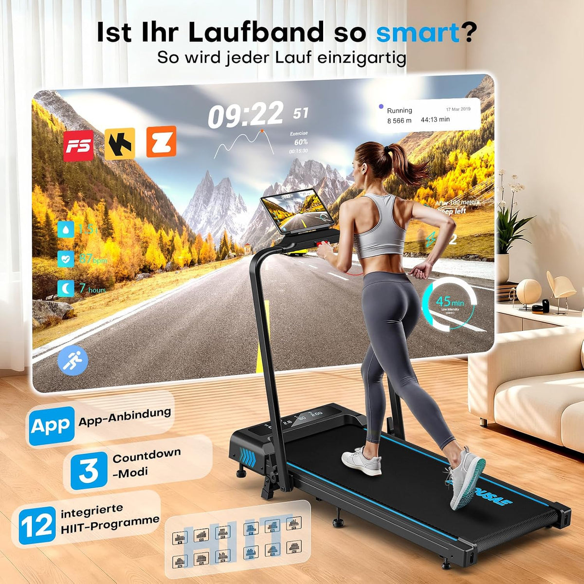 5-in-1 Klappbares Laufband mit Steigung und App-Anbindung, Schwarz-blau