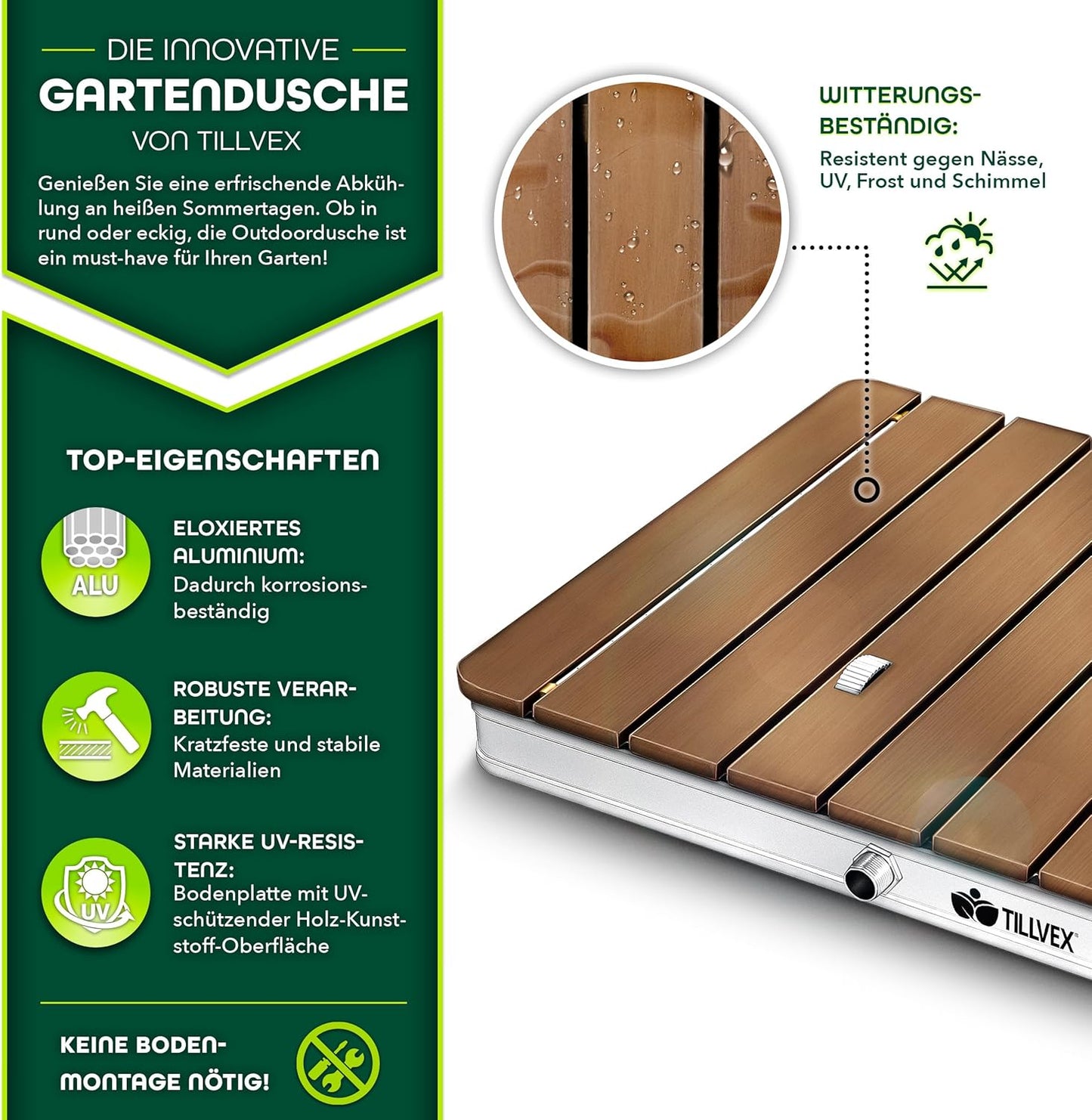 Rutschfeste Bodendusche bis 4 m Fontänenhöhe, tragbar, Braun - Rechteckig