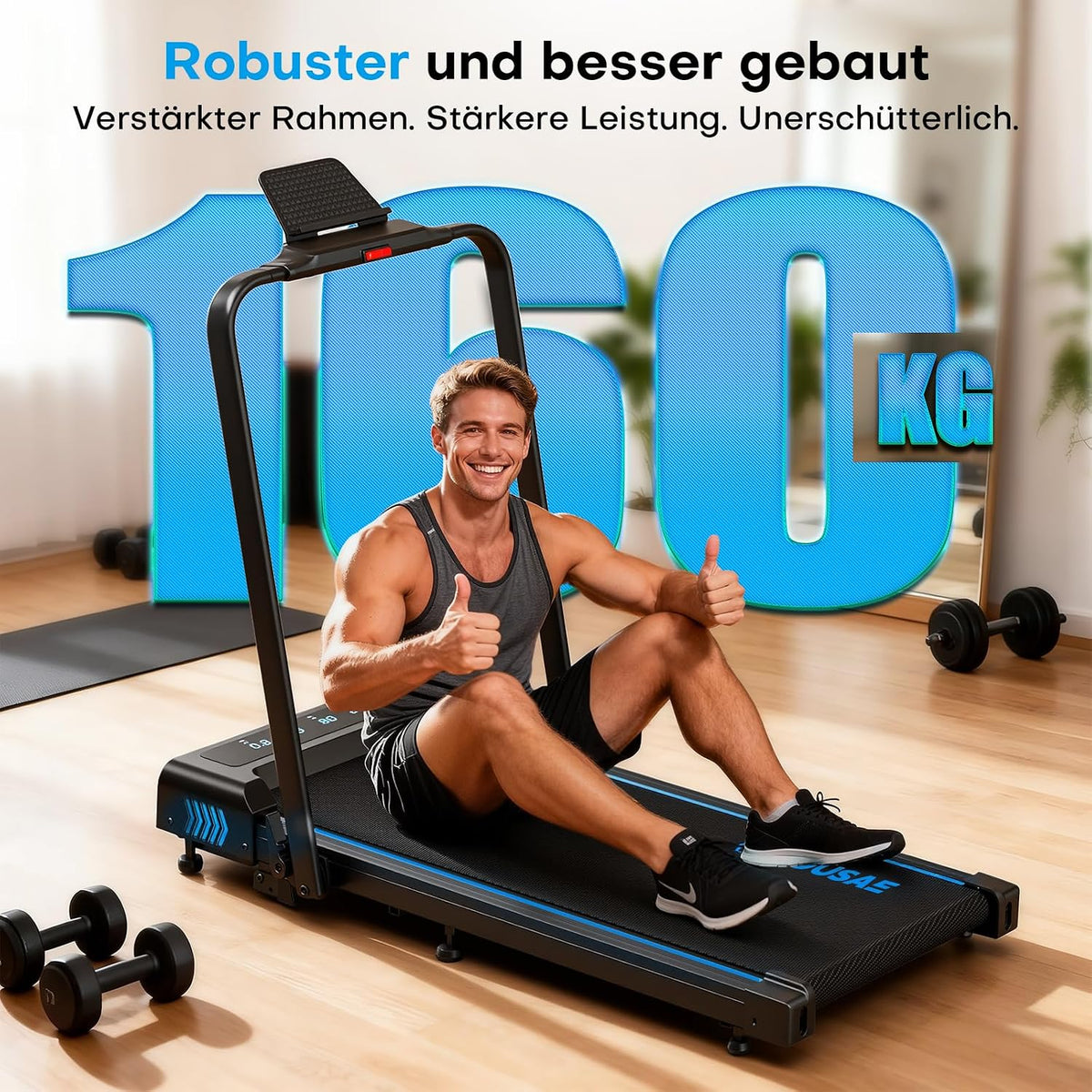5-in-1 Klappbares Laufband mit Steigung und App-Anbindung, Schwarz-blau