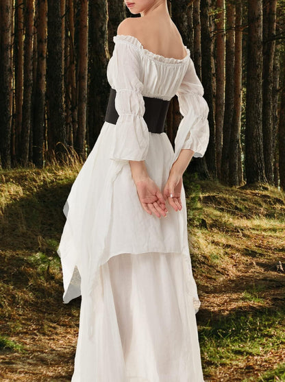 Mittelalter Renaissance Kleid mit Korsett-Gürtel, Weiss XL