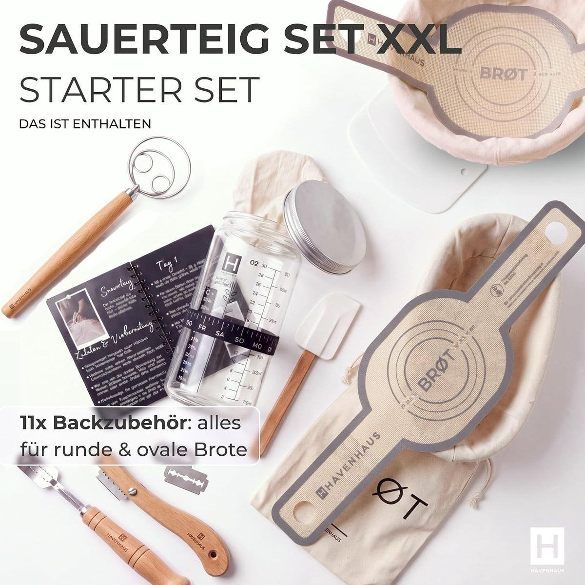 11-teiliges Sauerteig Starter Set mit Gärkörbchen, Sauerteig Set Xxl, 11-teilig