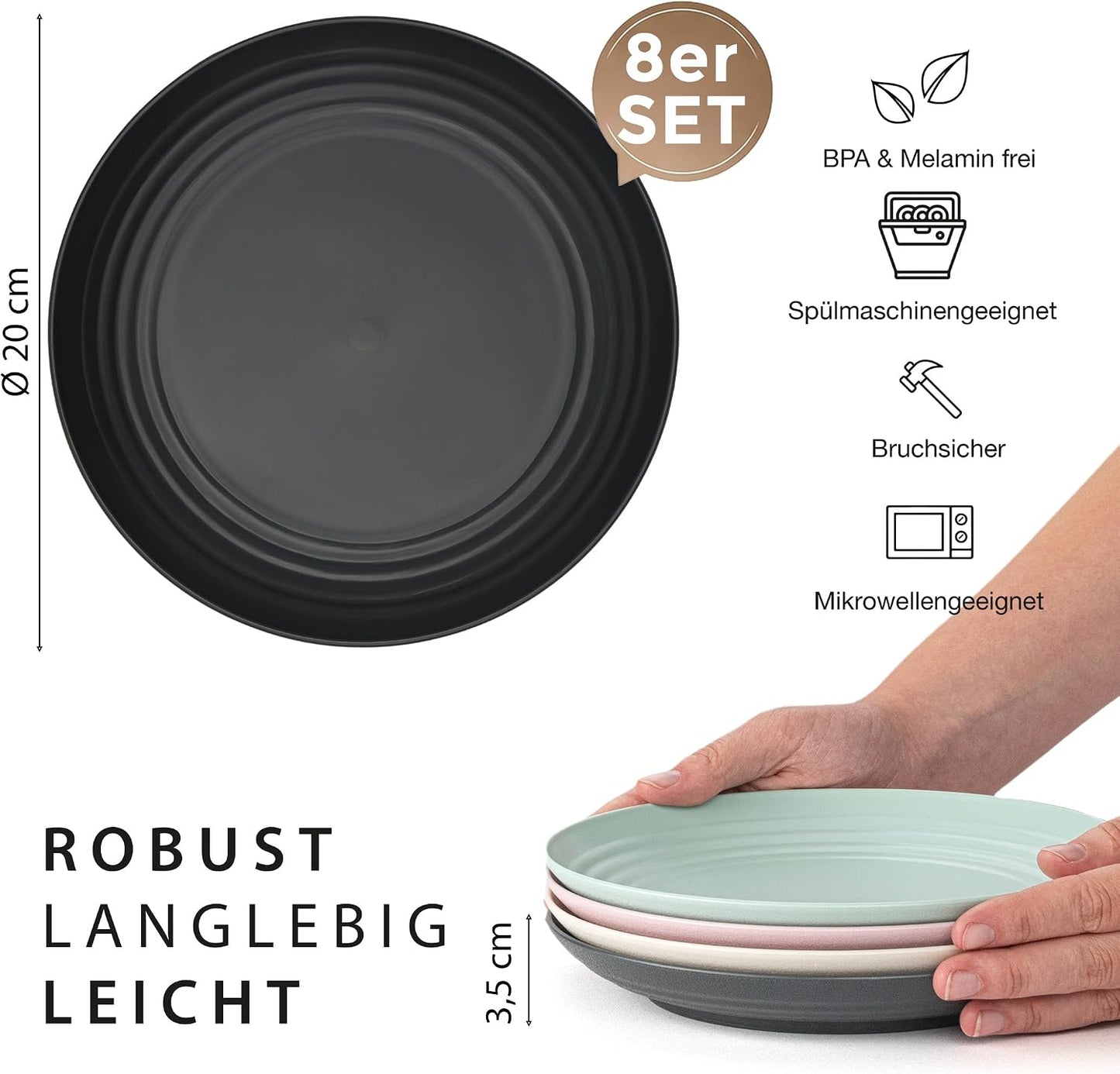 Mehrwegteller-Set aus Kunststoff (8 Stück, ø20 cm), 4-farbig 8 x ø20cm