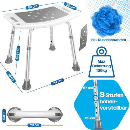 Höhenverstellbarer Duschhocker mit Haltegriff, Weiß / Grau