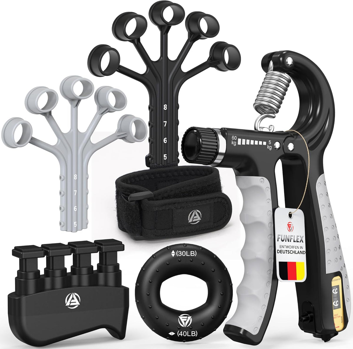Handtrainer Set für Finger- und Unterarmtraining (5-teilig), Grau 5er Set