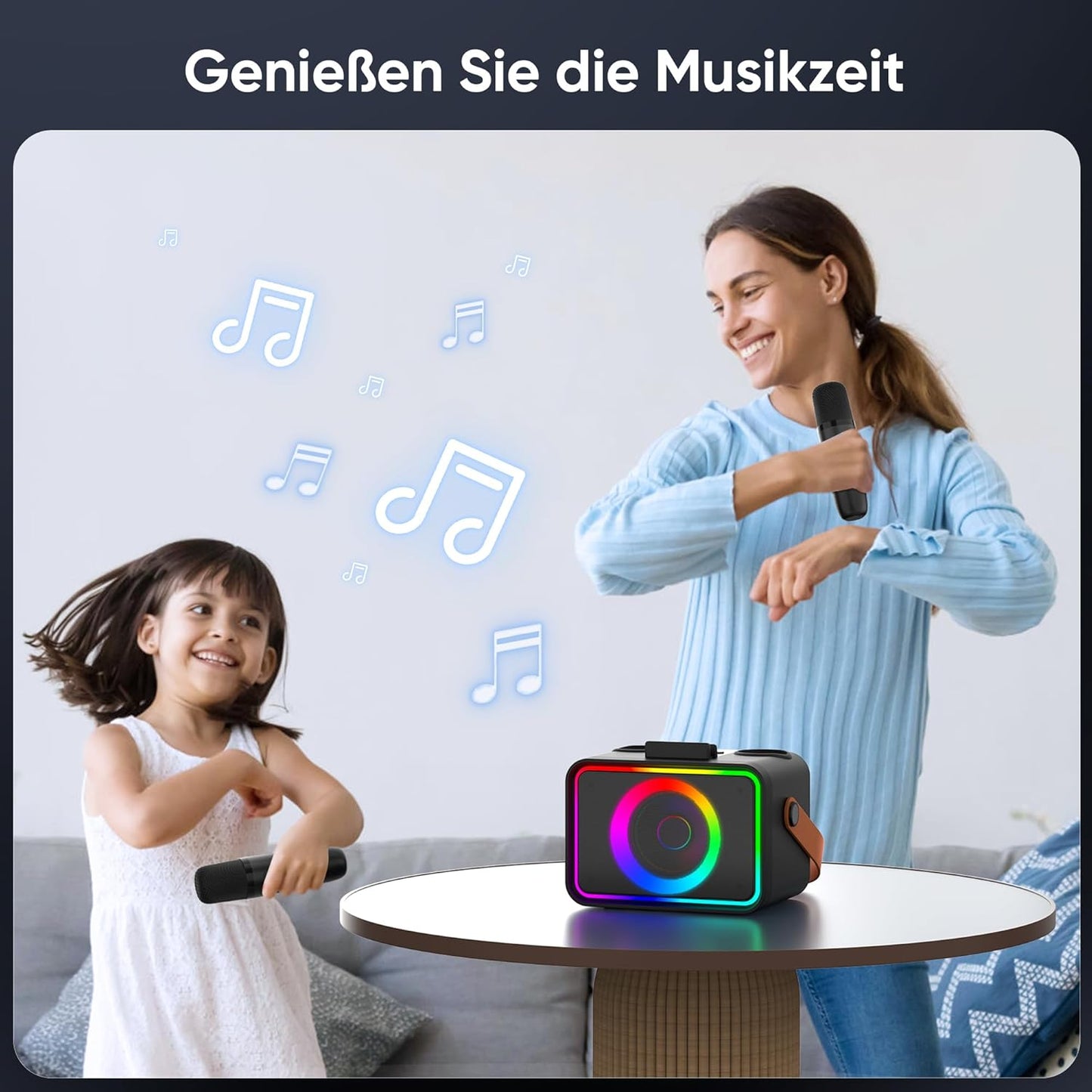 Tragbare Karaoke Maschine mit 2 Mikrofonen, Mattschwarz-2 Mikrofone