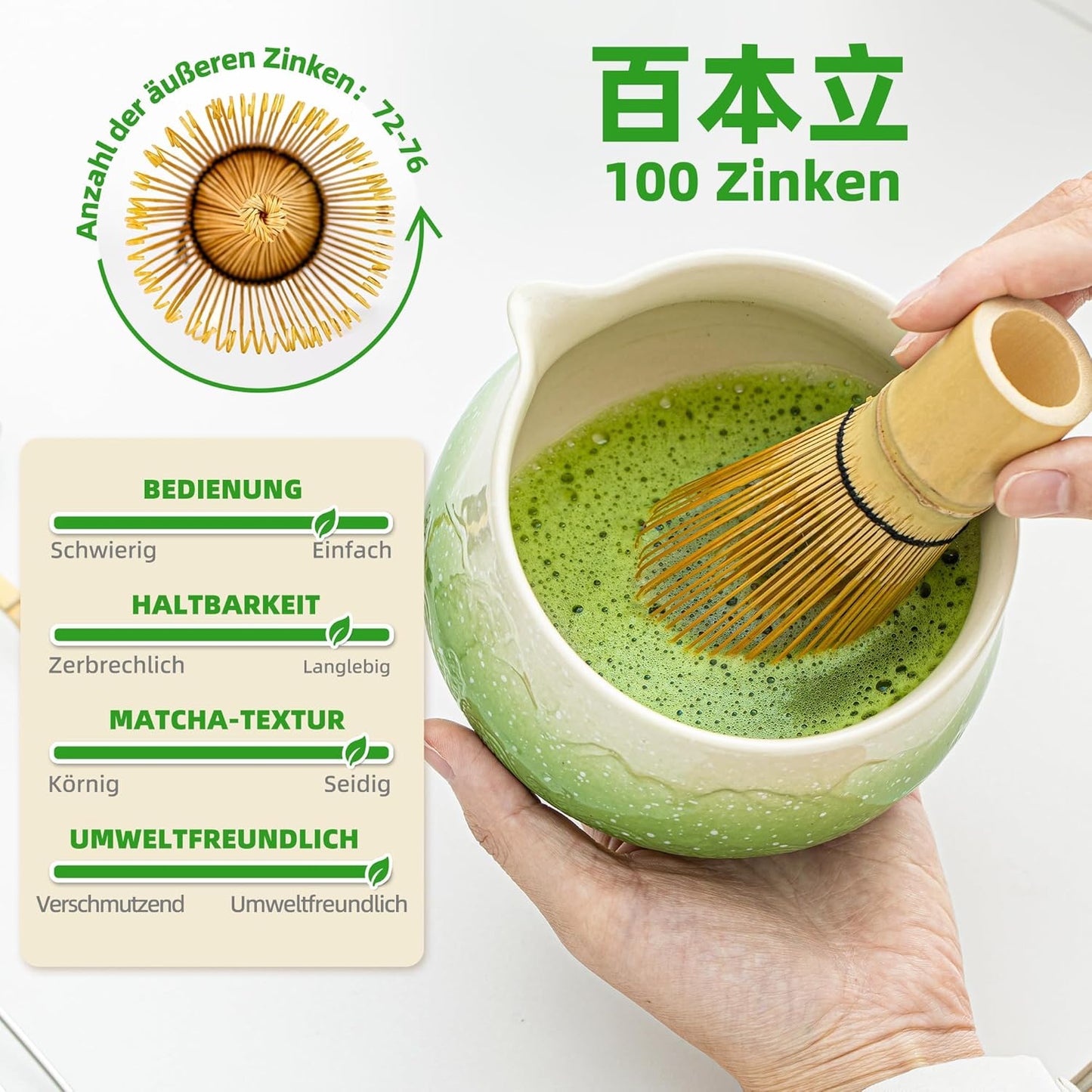 7-teiliges Matcha Tee-Set, 7Stück/Set, Schüssel mit Ausgießer Farbverlauf Grün