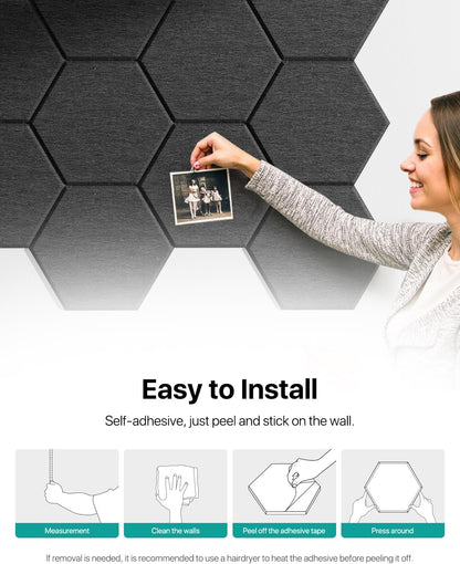 Selbstklebende Hexagon Akustikpaneele, 30×26×0,9 cm, 12 Stück Schwarz