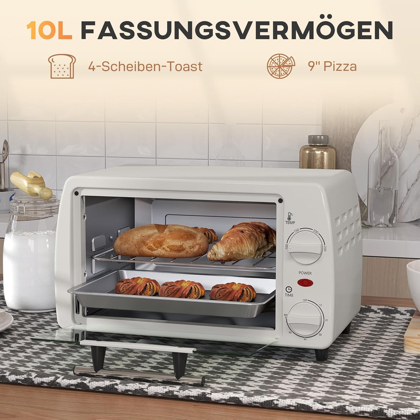 Kleinbackofen mit Timer und Zubehör, Cremeweiß
