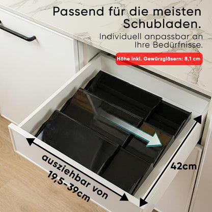 Gewürzgläser-Set mit Schubladeneinsatz, 24 Stk, ausziehbar, Schwarz, Deckel Edelstahl