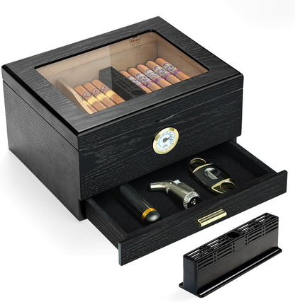 Zigarren-Humidor-Box mit Befeuchter & Hygrometer, Schwarz 10-50