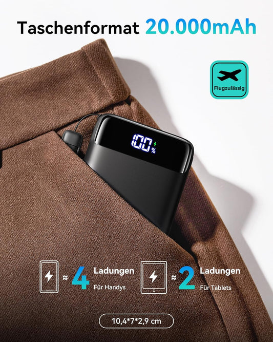 Mini Powerbank mit Schnellladefunktion und integriertem Kabel