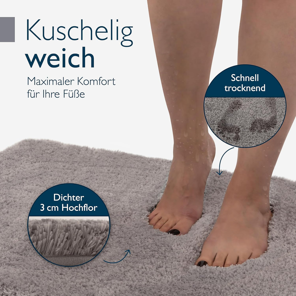 Rutschfeste Badematte, Fussbodenheizung geeignet, 70 x 120 cm, 70 x 120 cm Hellgrau