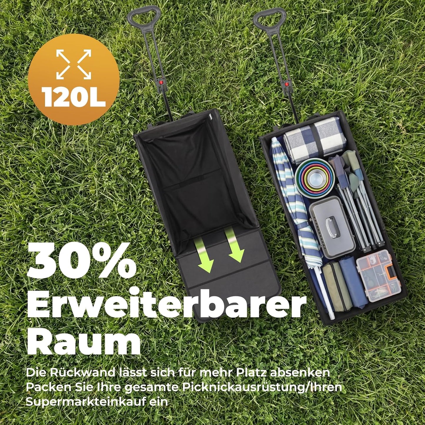Faltbarer Bollerwagen mit Bremse und Heckklappe, 120l Plus mit Bremse