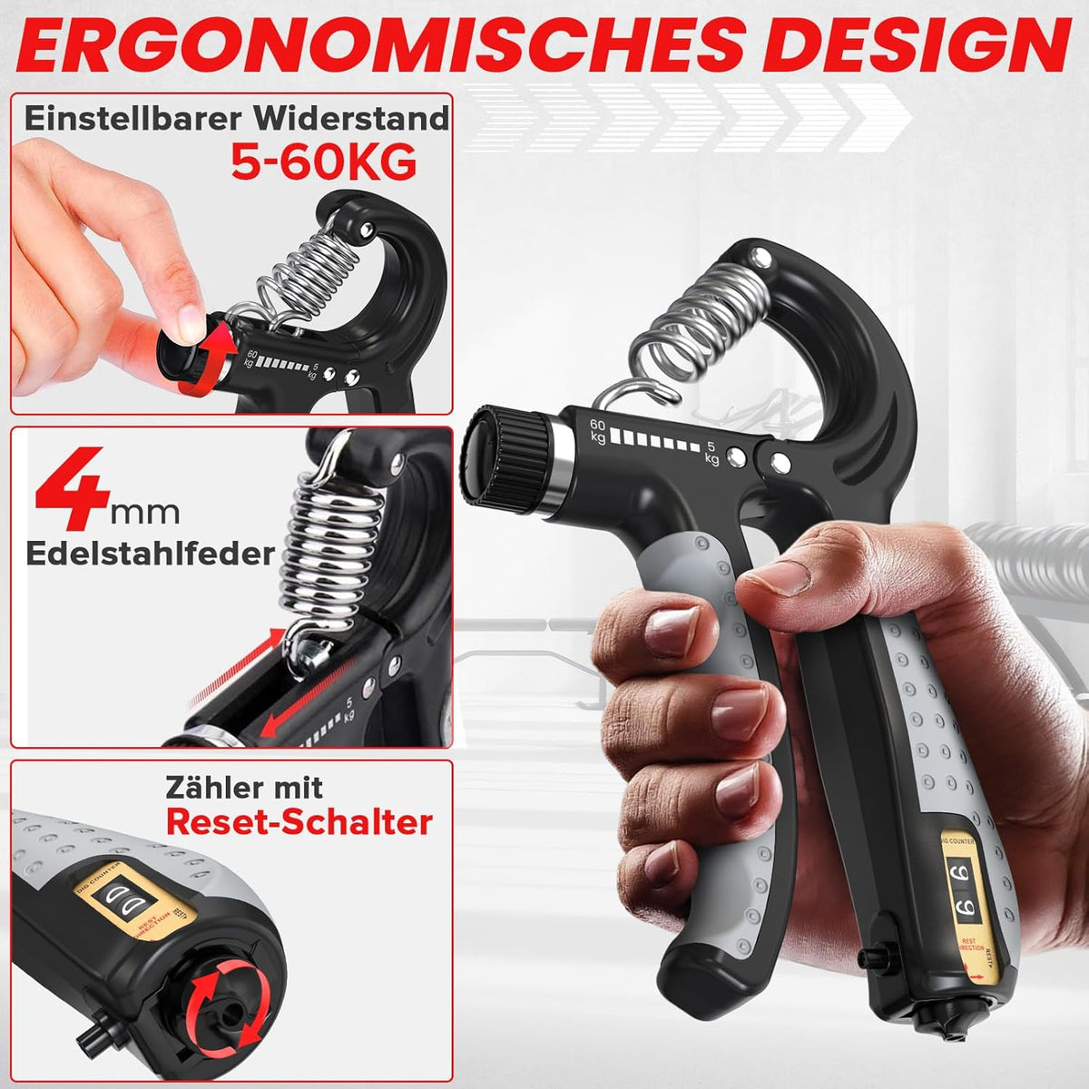 Handtrainer Set für Finger- und Unterarmtraining (5-teilig), Grau 5er Set