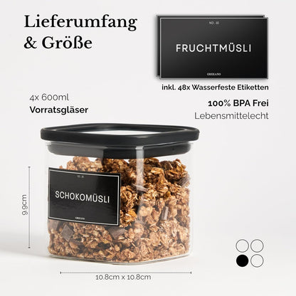 Eckiges 4er-Vorratsgläser-Set inkl. Etiketten, 4x 600ml