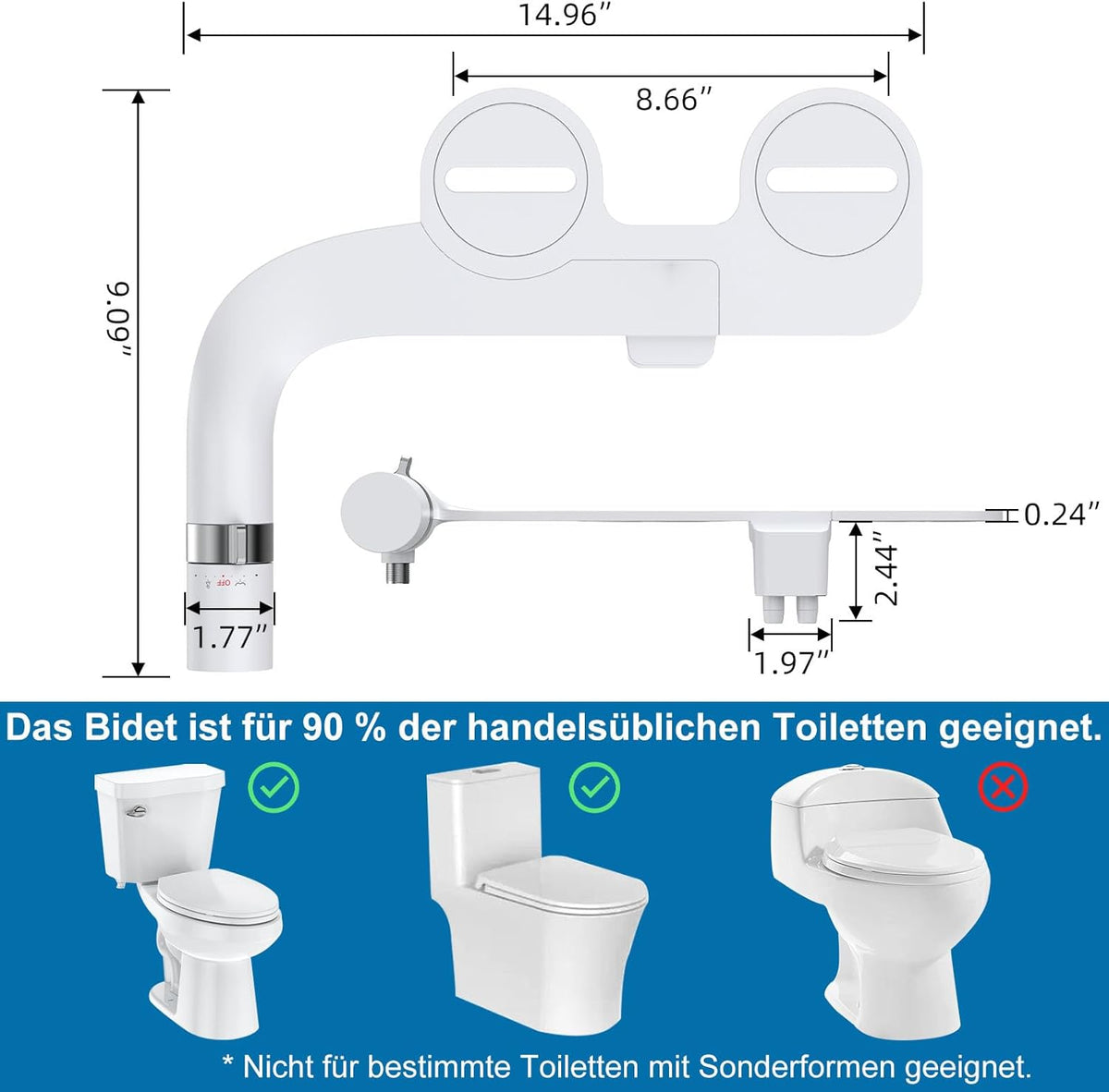 Ultra-Slim Bidet-Aufsatz mit Doppeldüse, Drehbares Bidet