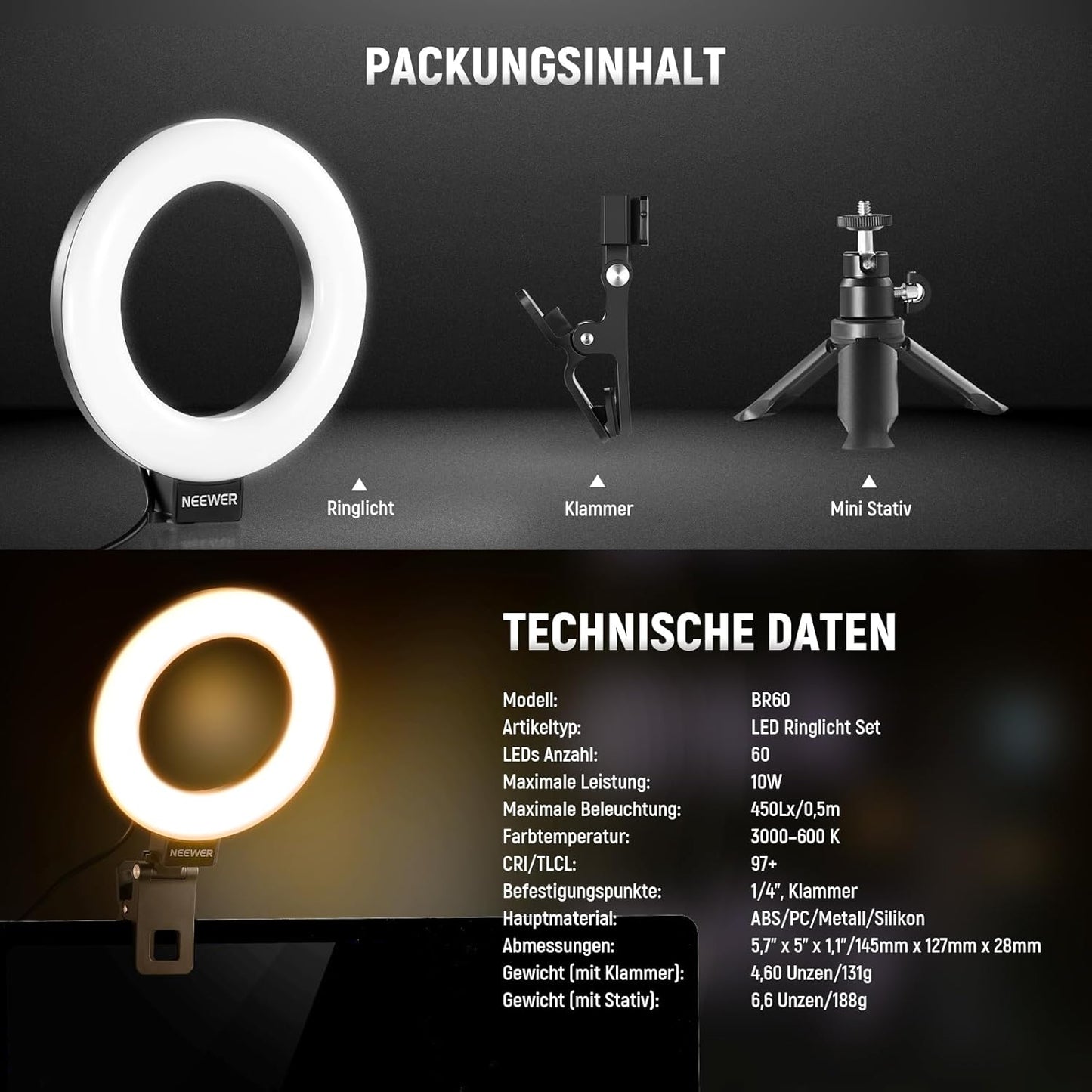Dimmbares Ringlicht mit Klemme und Tischstativ, BR60 mit Tischstativ