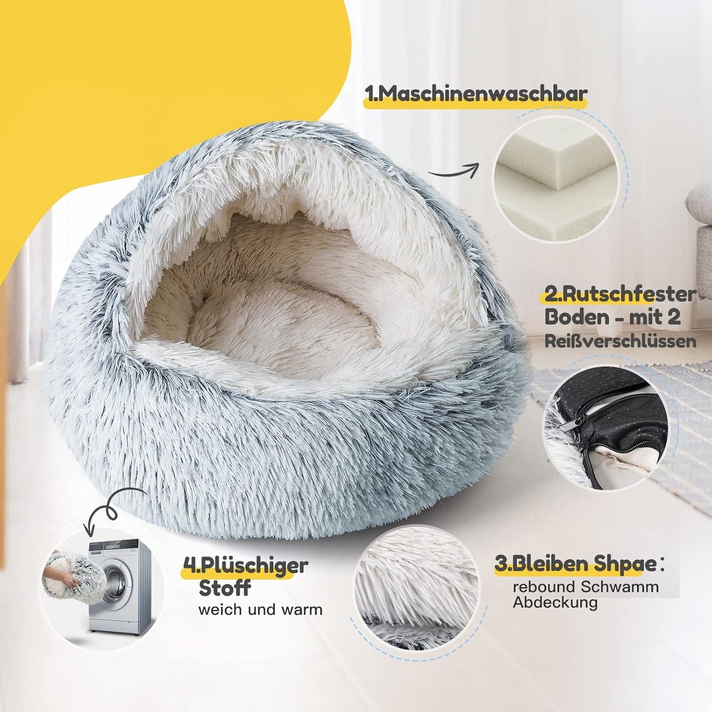 Gemütliches Katzenbett mit Decke, waschbar, Grau-1