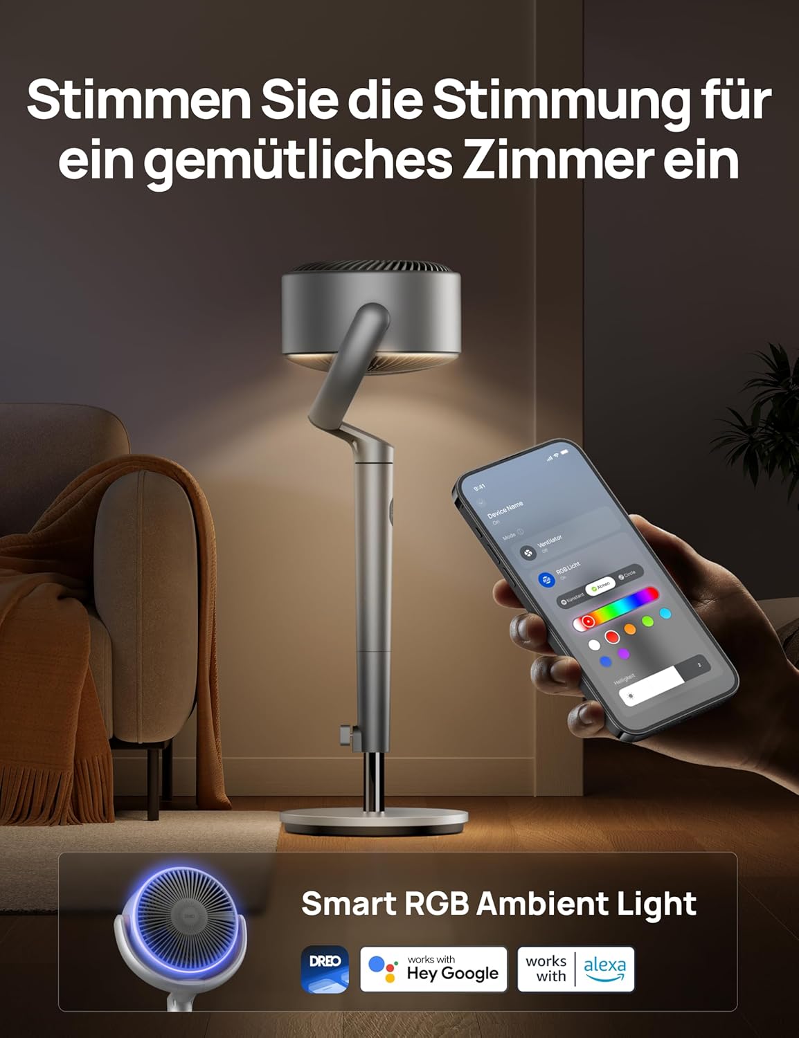 Smart Standventilator mit RGB Light, Silber