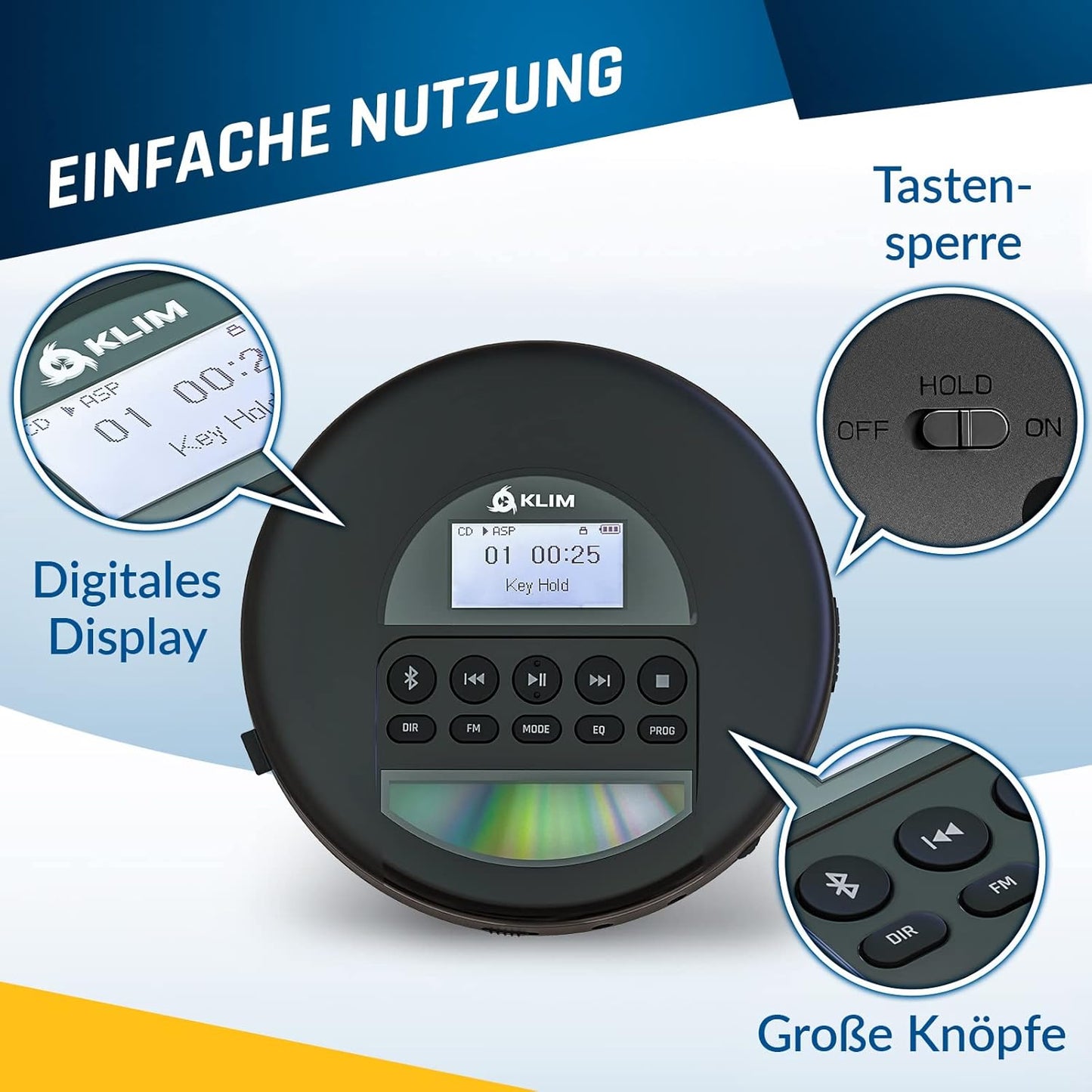 Tragbarer CD-Player mit Bluetooth, Schwarz