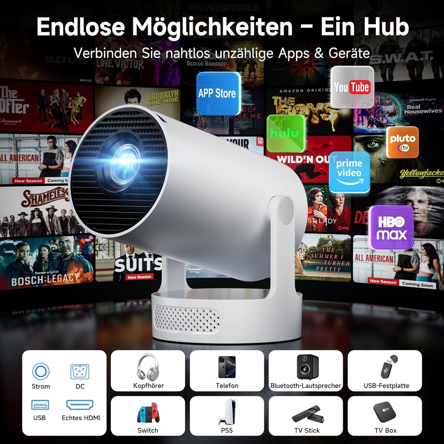 Smart Mini Beamer mit 4K/1080P Unterstützung, Grauweiss